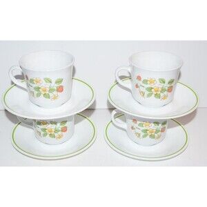 VTG Corelle USA Strawberry Sunday Sundae Coffee Tea Cups Mug Saucers SET OF 4